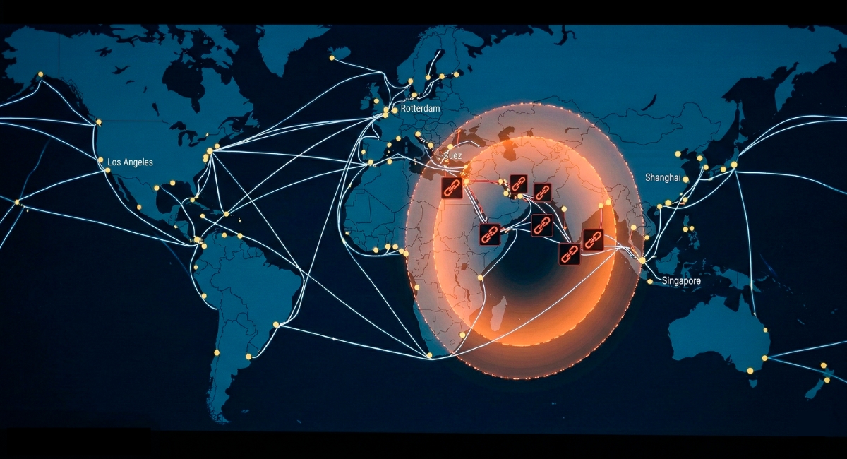 Mappa globale con evidenziate alcune rotte logistiche, con evidenziato l'epicentro della guerra in Iran, sottolineando il blocco dello stretto di Hormuz e le conseguenze per il settore della logistica.